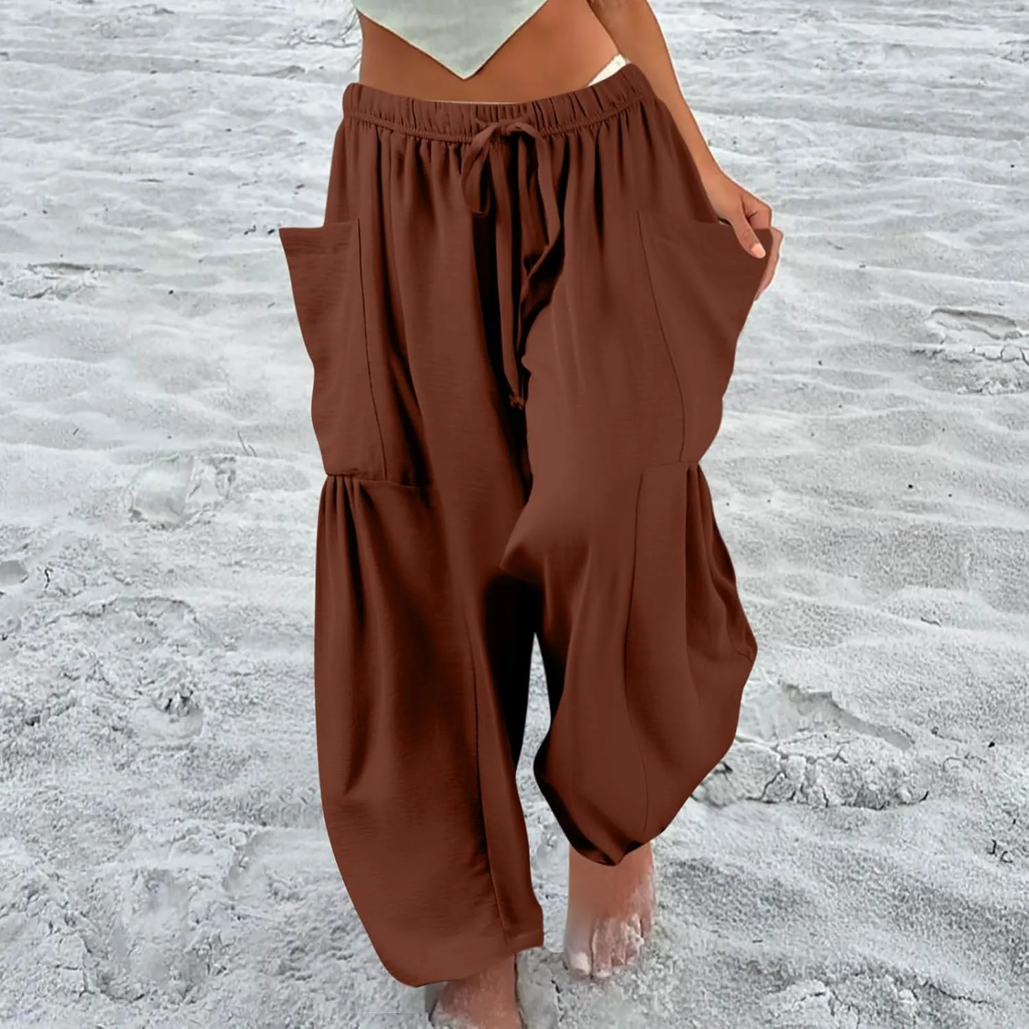Cotton Linen Pants for Women Summer Drawstring High Waisted Flowy Wide Leg Pants Casual Multi-Pocket Solid Outfit 2025