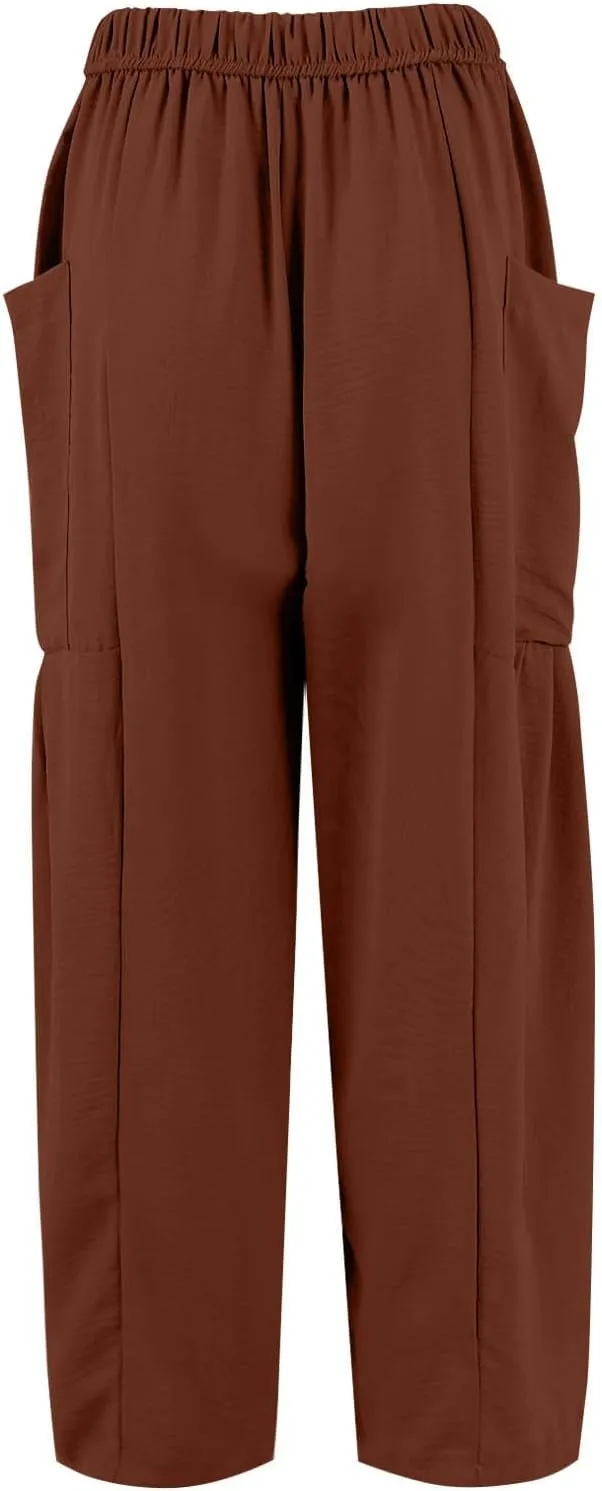 Cotton Linen Pants for Women Summer Drawstring High Waisted Flowy Wide Leg Pants Casual Multi-Pocket Solid Outfit 2025