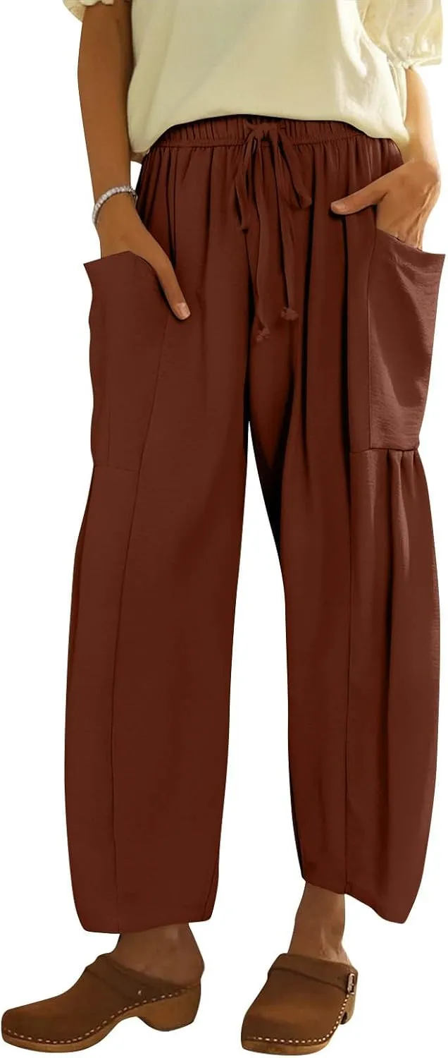 Cotton Linen Pants for Women Summer Drawstring High Waisted Flowy Wide Leg Pants Casual Multi-Pocket Solid Outfit 2025
