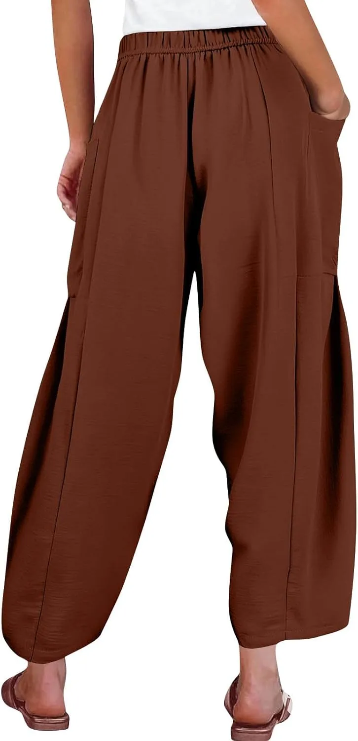 Cotton Linen Pants for Women Summer Drawstring High Waisted Flowy Wide Leg Pants Casual Multi-Pocket Solid Outfit 2025