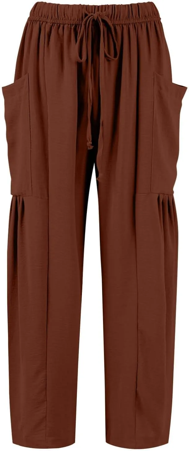 Cotton Linen Pants for Women Summer Drawstring High Waisted Flowy Wide Leg Pants Casual Multi-Pocket Solid Outfit 2025