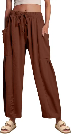 Cotton Linen Pants for Women Summer Drawstring High Waisted Flowy Wide Leg Pants Casual Multi-Pocket Solid Outfit 2025