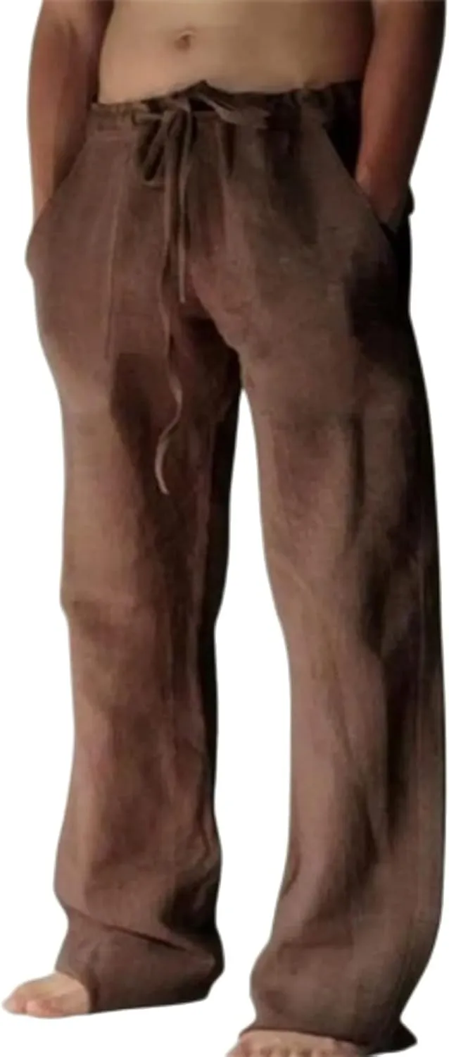 Cotton Linen Pants Men Loose Summer Beach Pants Comfort Elastic Drawstring Waist Straight Legs Pants Baggy Loung Pants