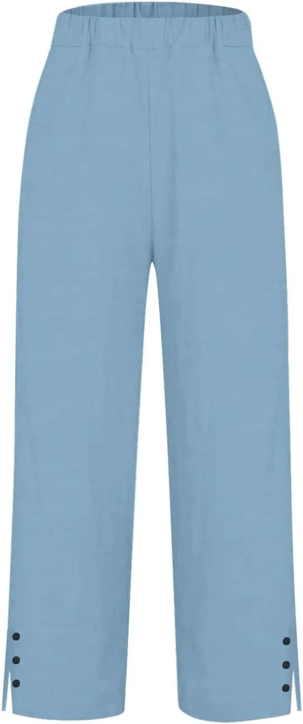 Cotton Linen Pants Women 2025 Summer Elastic Waist Crop Pants Plus Size Straight Leg Slack Trouser with Pocket
