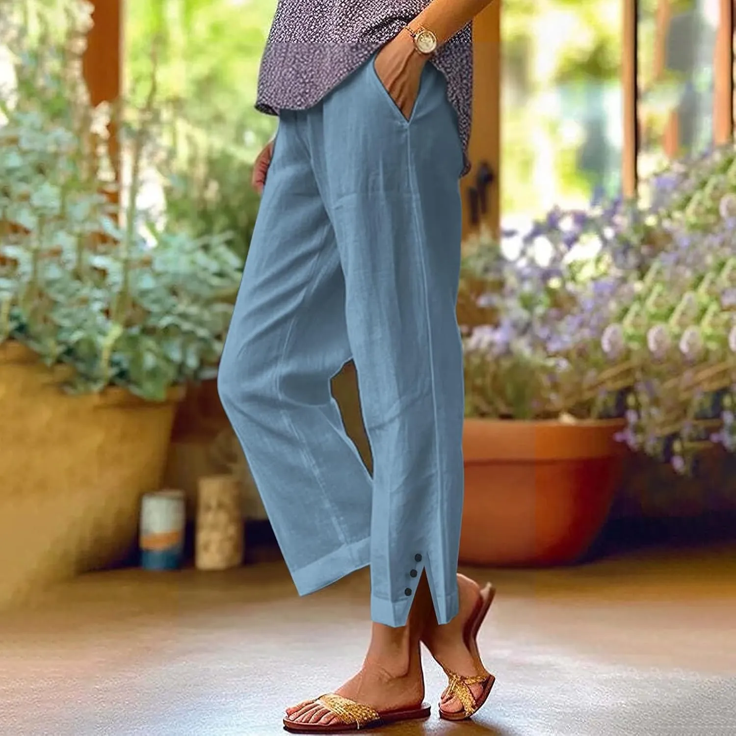 Cotton Linen Pants Women 2025 Summer Elastic Waist Crop Pants Plus Size Straight Leg Slack Trouser with Pocket