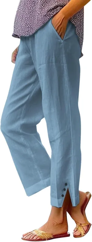 Cotton Linen Pants Women 2025 Summer Elastic Waist Crop Pants Plus Size Straight Leg Slack Trouser with Pocket