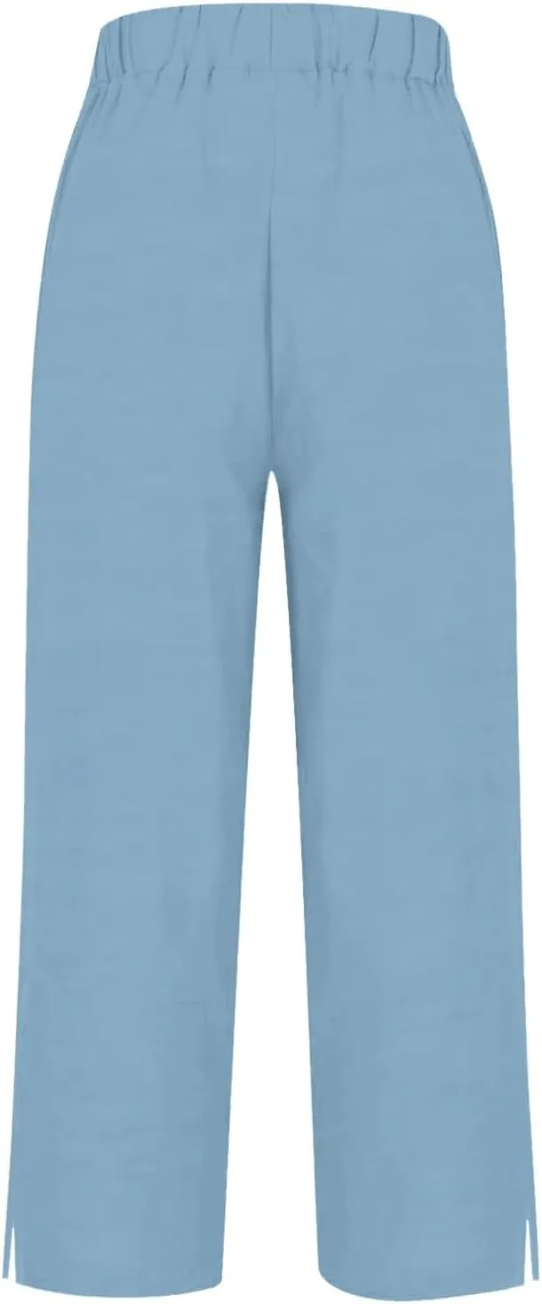 Cotton Linen Pants Women 2025 Summer Elastic Waist Crop Pants Plus Size Straight Leg Slack Trouser with Pocket