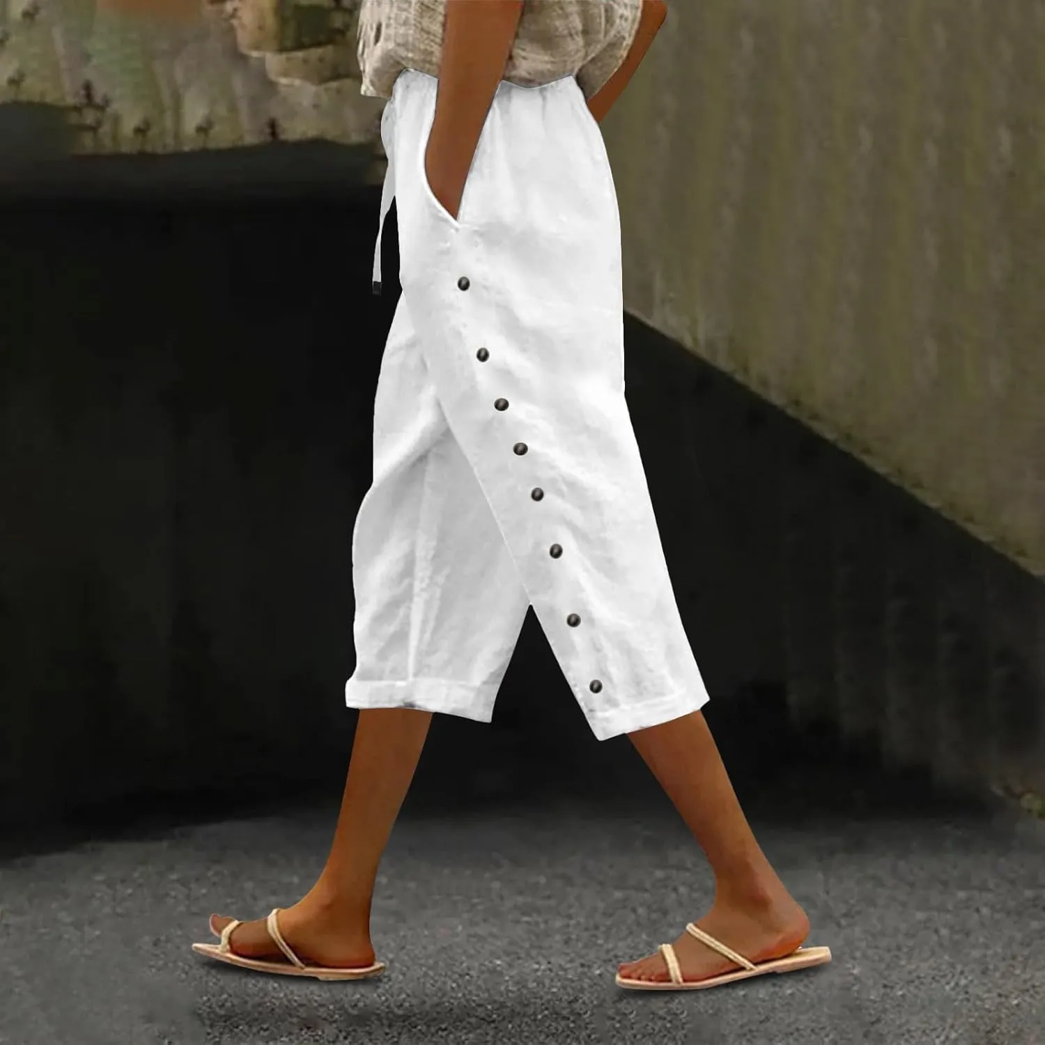 Cotton Linen Pants Women Cotton Linen Elastic Seven Pants Beach Casual Pants Linen Casual Elastic Waist Comfy Trousers