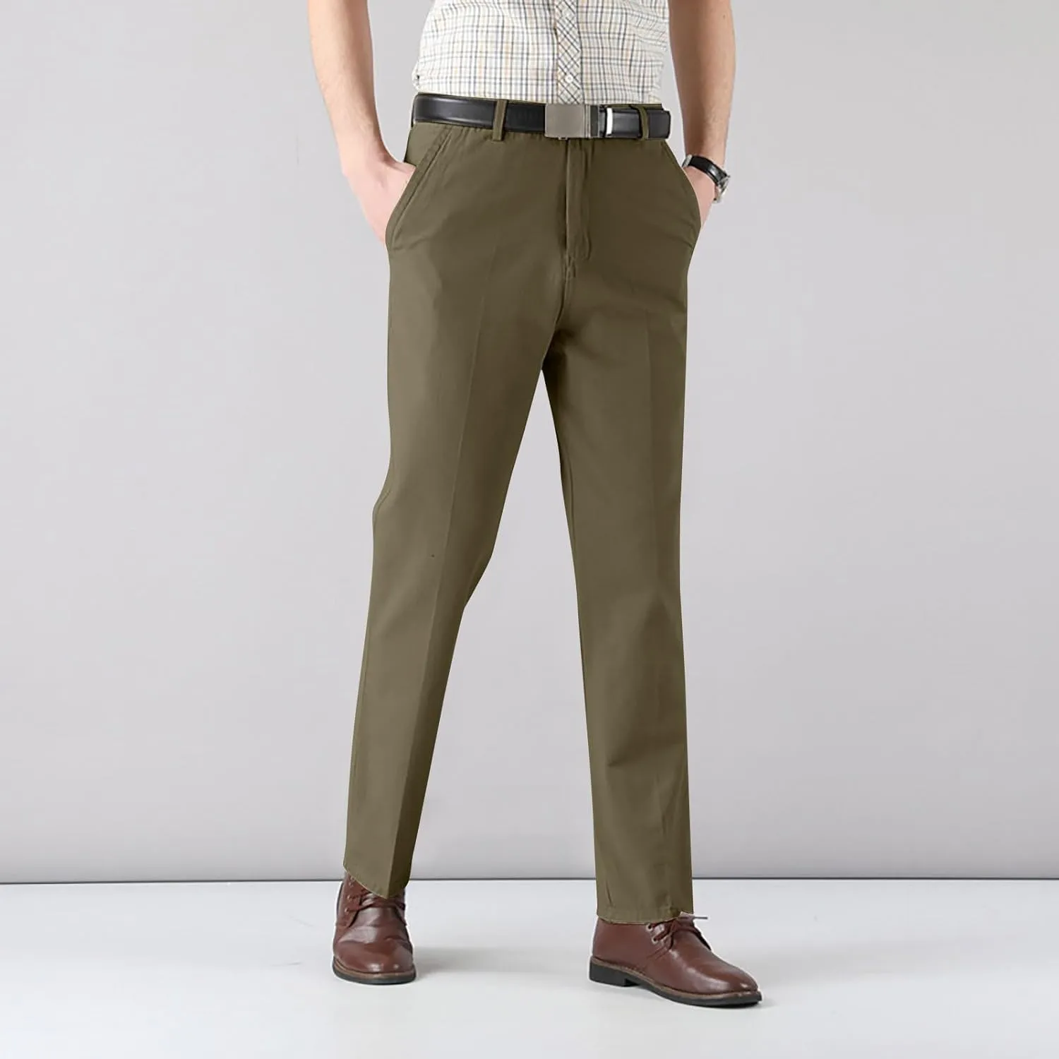 Cotton Mens Chinos Pants with Belt Slim Fit Casual Work Pants for Men with Pockets for Office and Daily Wear Slacks