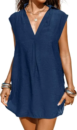 CUPSHE Women Basic Collar Cover-Up Dress V Neck Shirts Casual Summer Sleeveless Solid Cover Up Tops