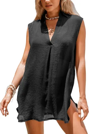 CUPSHE Women Basic Collar Cover-Up Dress V Neck Shirts Casual Summer Sleeveless Solid Cover Up Tops