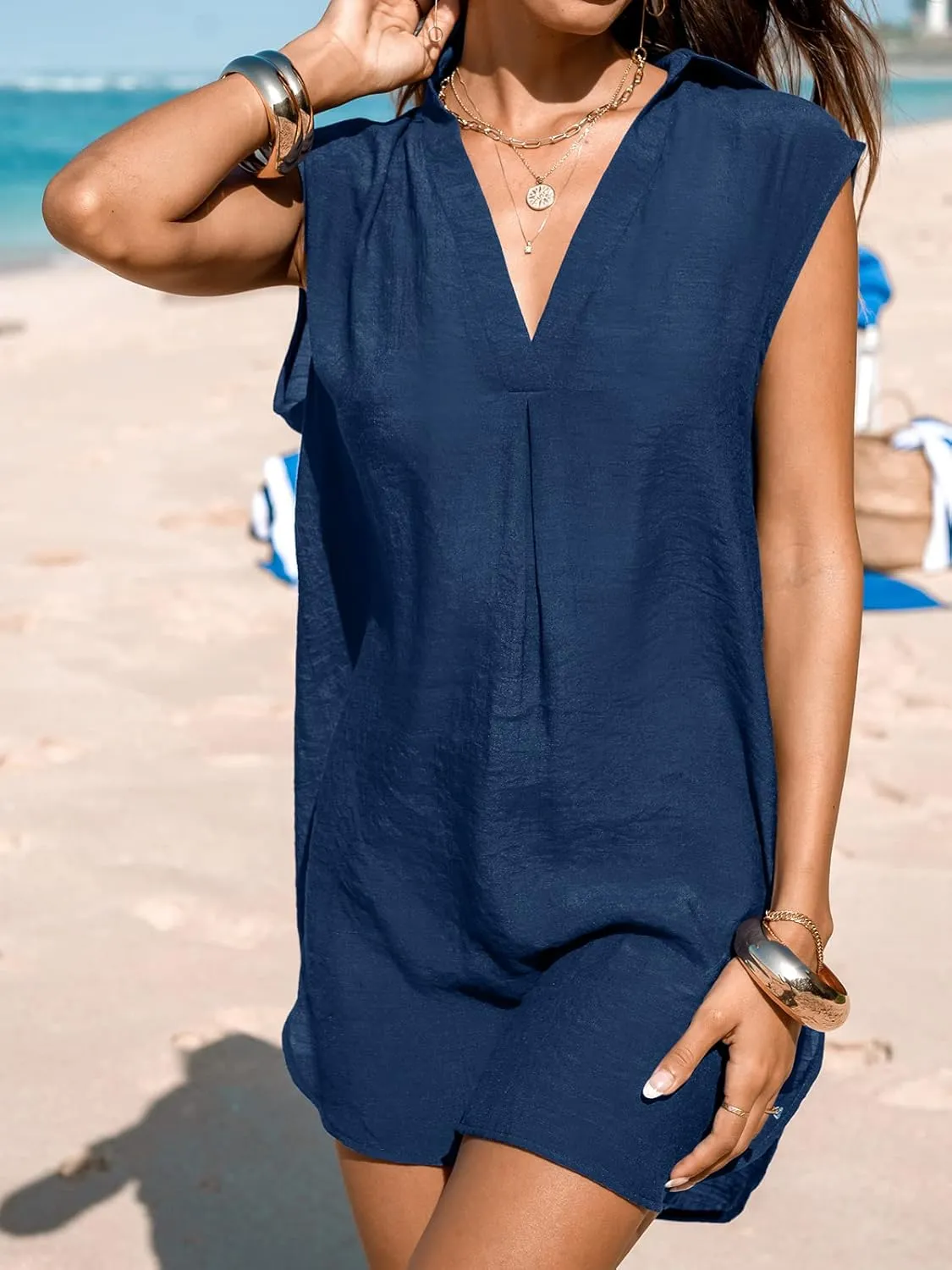 CUPSHE Women Basic Collar Cover-Up Dress V Neck Shirts Casual Summer Sleeveless Solid Cover Up Tops