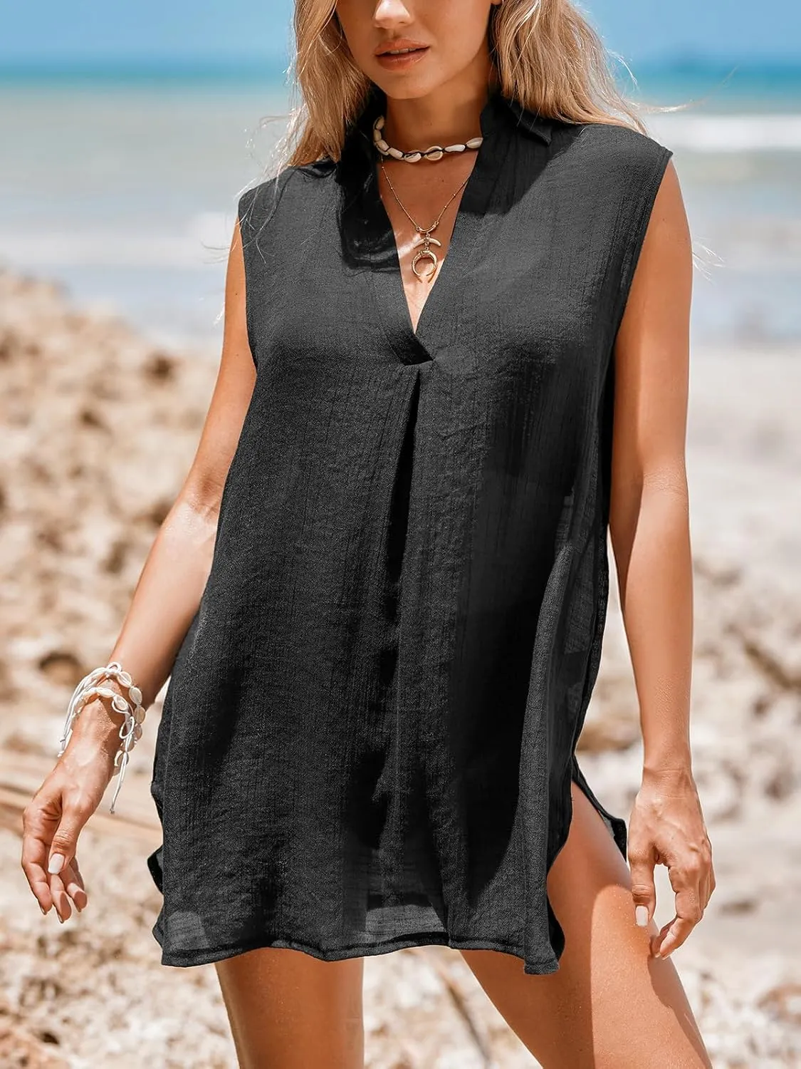 CUPSHE Women Basic Collar Cover-Up Dress V Neck Shirts Casual Summer Sleeveless Solid Cover Up Tops
