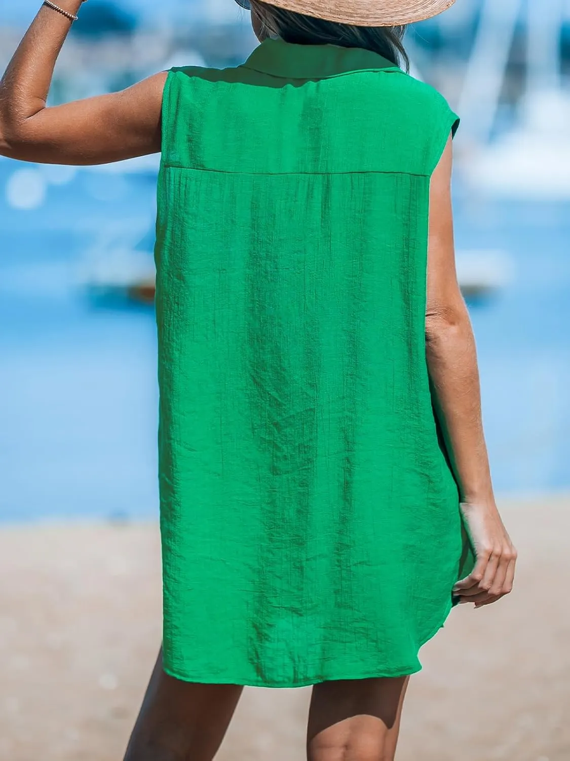 CUPSHE Women Basic Collar Cover-Up Dress V Neck Shirts Casual Summer Sleeveless Solid Cover Up Tops