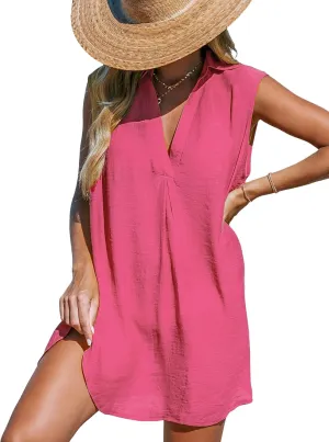 CUPSHE Women Basic Collar Cover-Up Dress V Neck Shirts Casual Summer Sleeveless Solid Cover Up Tops