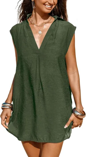 CUPSHE Women Basic Collar Cover-Up Dress V Neck Shirts Casual Summer Sleeveless Solid Cover Up Tops