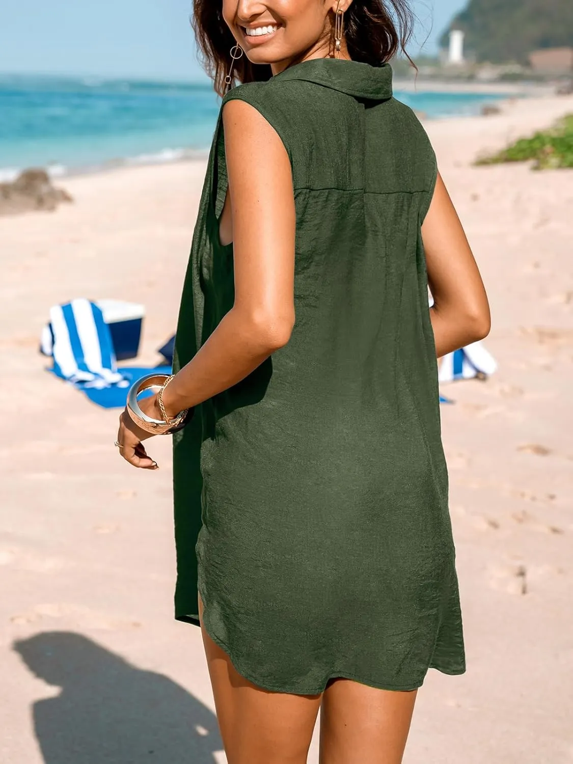 CUPSHE Women Basic Collar Cover-Up Dress V Neck Shirts Casual Summer Sleeveless Solid Cover Up Tops