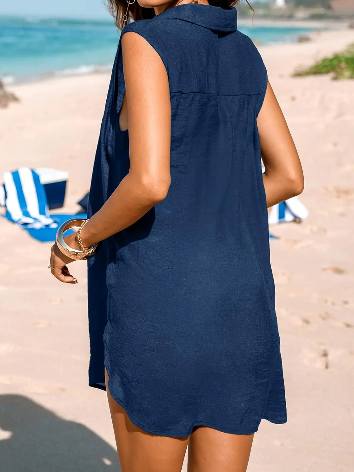 CUPSHE Women Basic Collar Cover-Up Dress V Neck Shirts Casual Summer Sleeveless Solid Cover Up Tops