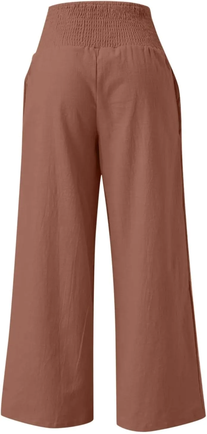 DASAYO Women's Lounge Baggy Long Pants Wide Leg High Waist Palazzo Pant Summer Beach Casual Solid Pocket Loose Linen Trousers