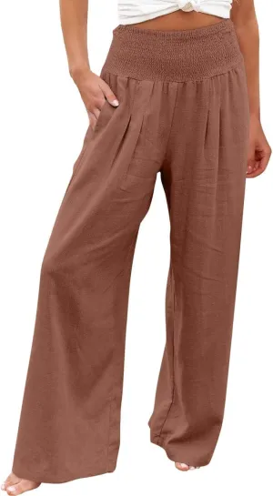 DASAYO Women's Lounge Baggy Long Pants Wide Leg High Waist Palazzo Pant Summer Beach Casual Solid Pocket Loose Linen Trousers