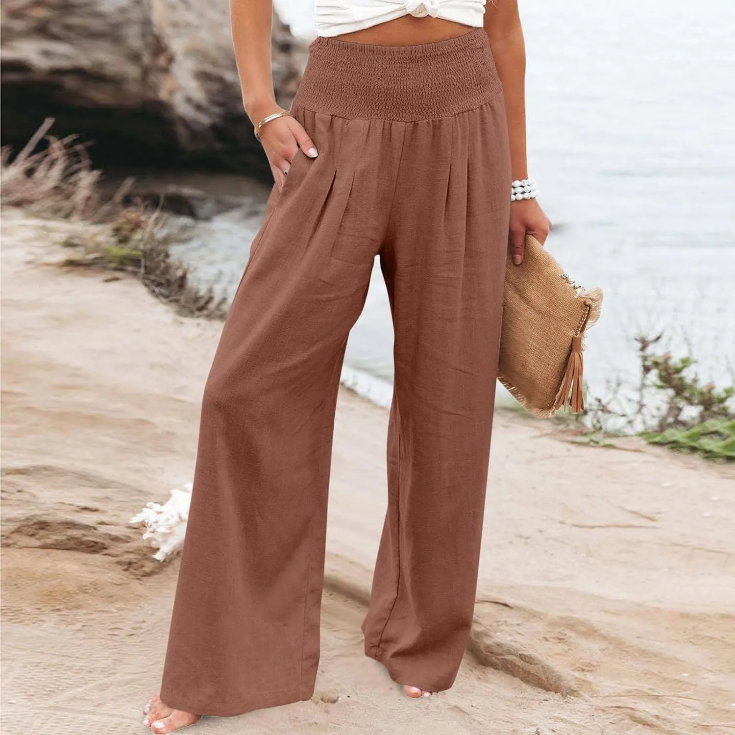 DASAYO Women's Lounge Baggy Long Pants Wide Leg High Waist Palazzo Pant Summer Beach Casual Solid Pocket Loose Linen Trousers