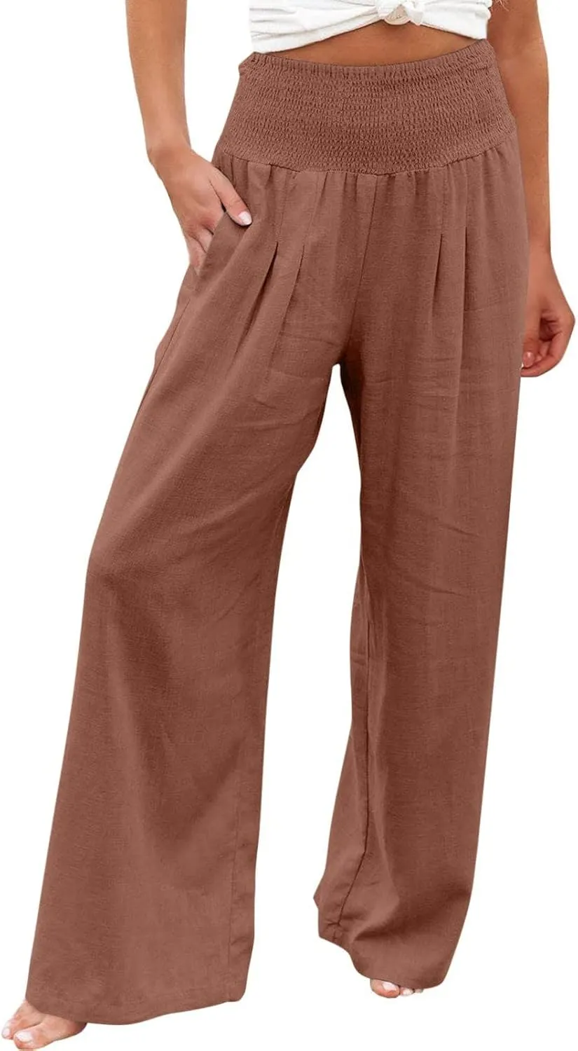 DASAYO Women's Lounge Baggy Long Pants Wide Leg High Waist Palazzo Pant Summer Beach Casual Solid Pocket Loose Linen Trousers