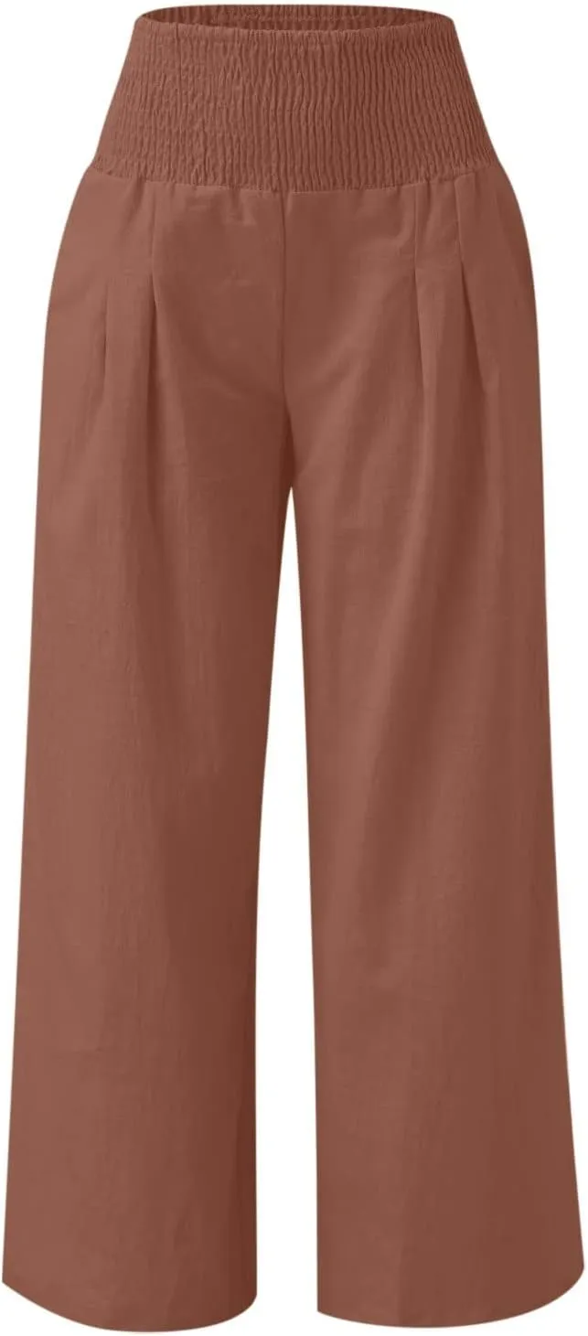 DASAYO Women's Lounge Baggy Long Pants Wide Leg High Waist Palazzo Pant Summer Beach Casual Solid Pocket Loose Linen Trousers