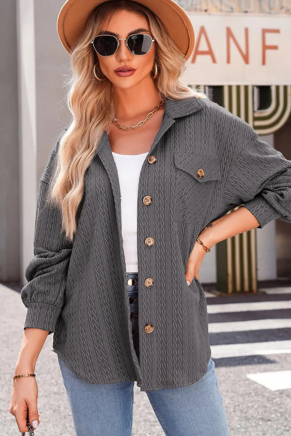 Dokotoo Womens Cable Knit Lightweight Shacket Button Down Shirts Long Sleeve Casual Oversized Blouses Tops