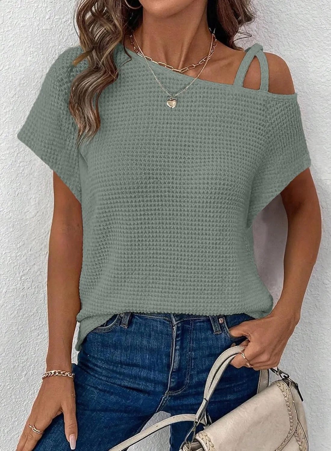 Dokotoo Womens Summer Tops Off One Shoulder Waffle Knit Short Sleeve T-Shirts Casual Lightweight Solid Color Blouses