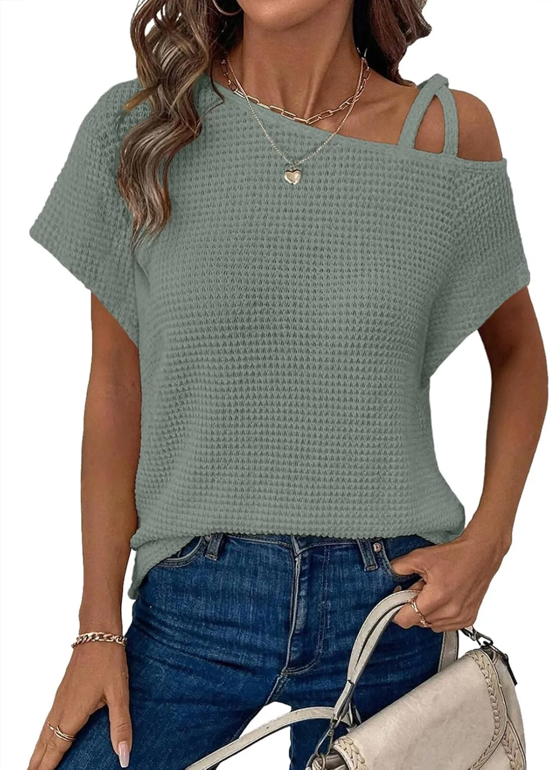 Dokotoo Womens Summer Tops Off One Shoulder Waffle Knit Short Sleeve T-Shirts Casual Lightweight Solid Color Blouses