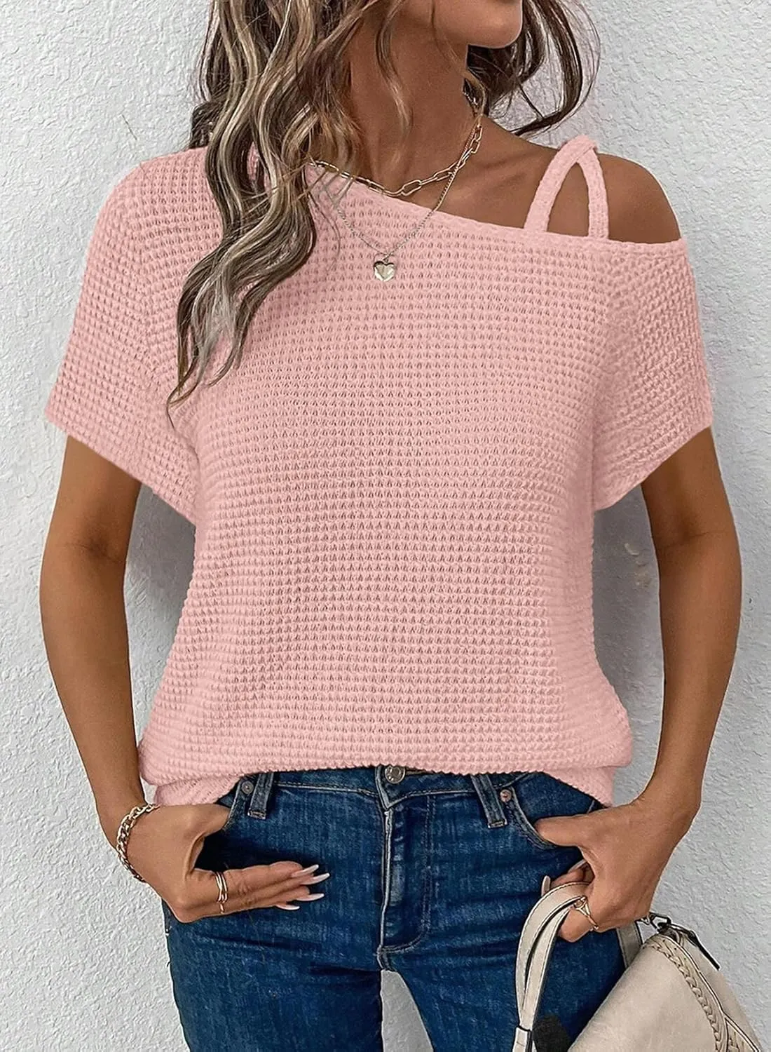 Dokotoo Womens Summer Tops Off One Shoulder Waffle Knit Short Sleeve T-Shirts Casual Lightweight Solid Color Blouses