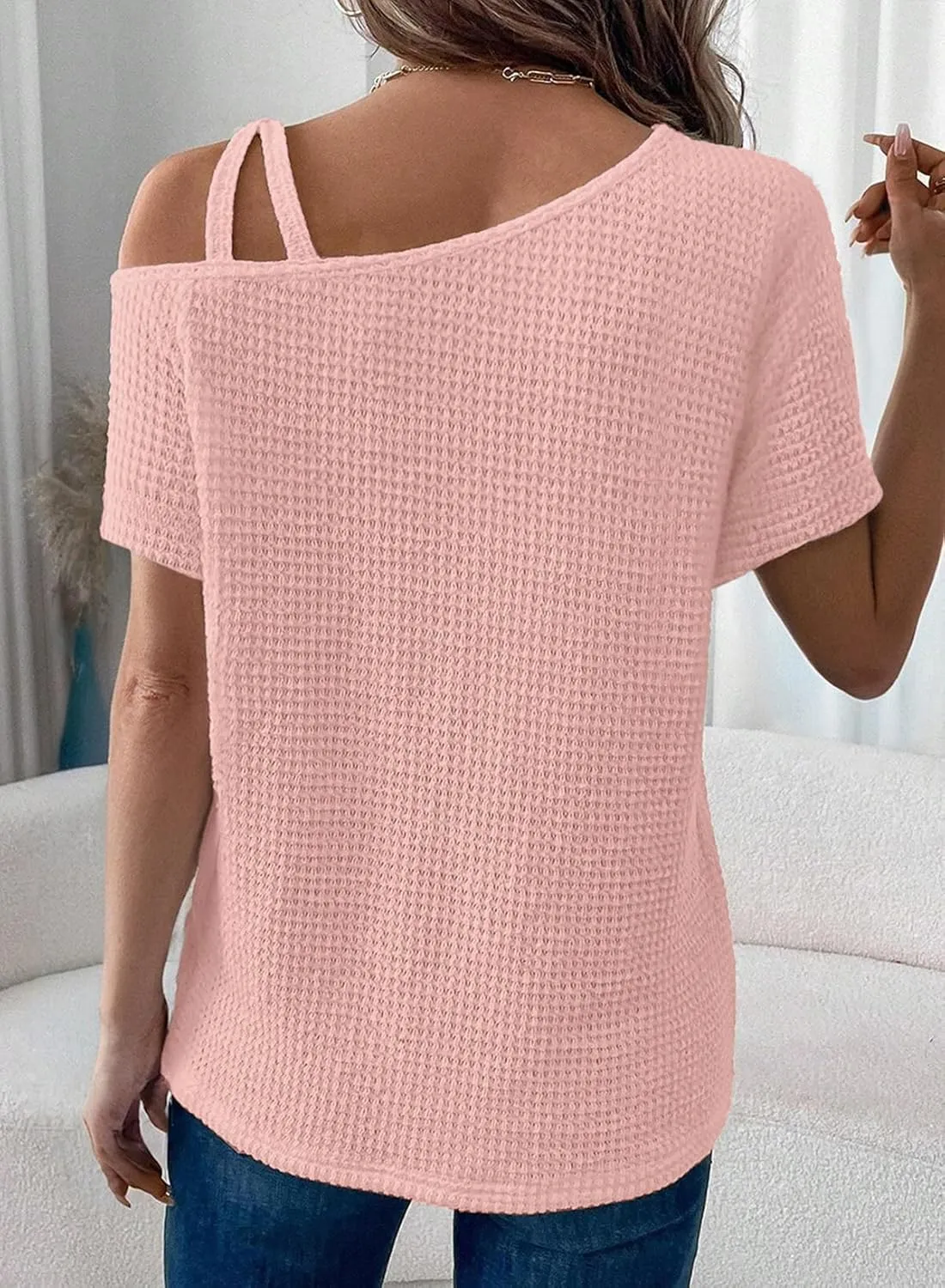 Dokotoo Womens Summer Tops Off One Shoulder Waffle Knit Short Sleeve T-Shirts Casual Lightweight Solid Color Blouses