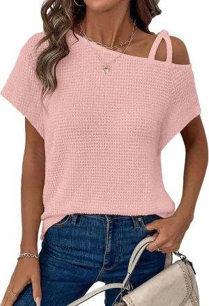Dokotoo Womens Summer Tops Off One Shoulder Waffle Knit Short Sleeve T-Shirts Casual Lightweight Solid Color Blouses
