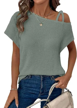 Dokotoo Womens Summer Tops Off One Shoulder Waffle Knit Short Sleeve T-Shirts Casual Lightweight Solid Color Blouses