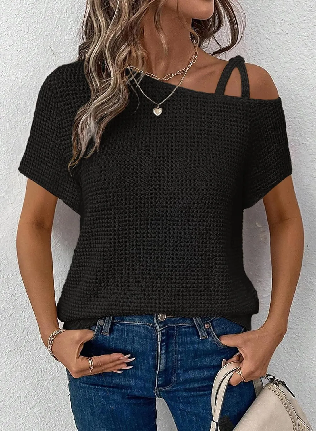 Dokotoo Womens Summer Tops Off One Shoulder Waffle Knit Short Sleeve T-Shirts Casual Lightweight Solid Color Blouses