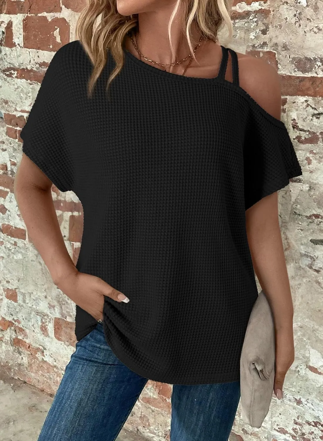 Dokotoo Womens Summer Tops Off One Shoulder Waffle Knit Short Sleeve T-Shirts Casual Lightweight Solid Color Blouses
