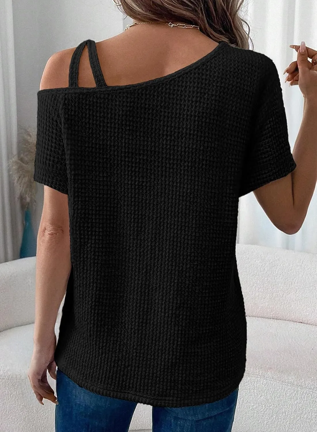 Dokotoo Womens Summer Tops Off One Shoulder Waffle Knit Short Sleeve T-Shirts Casual Lightweight Solid Color Blouses
