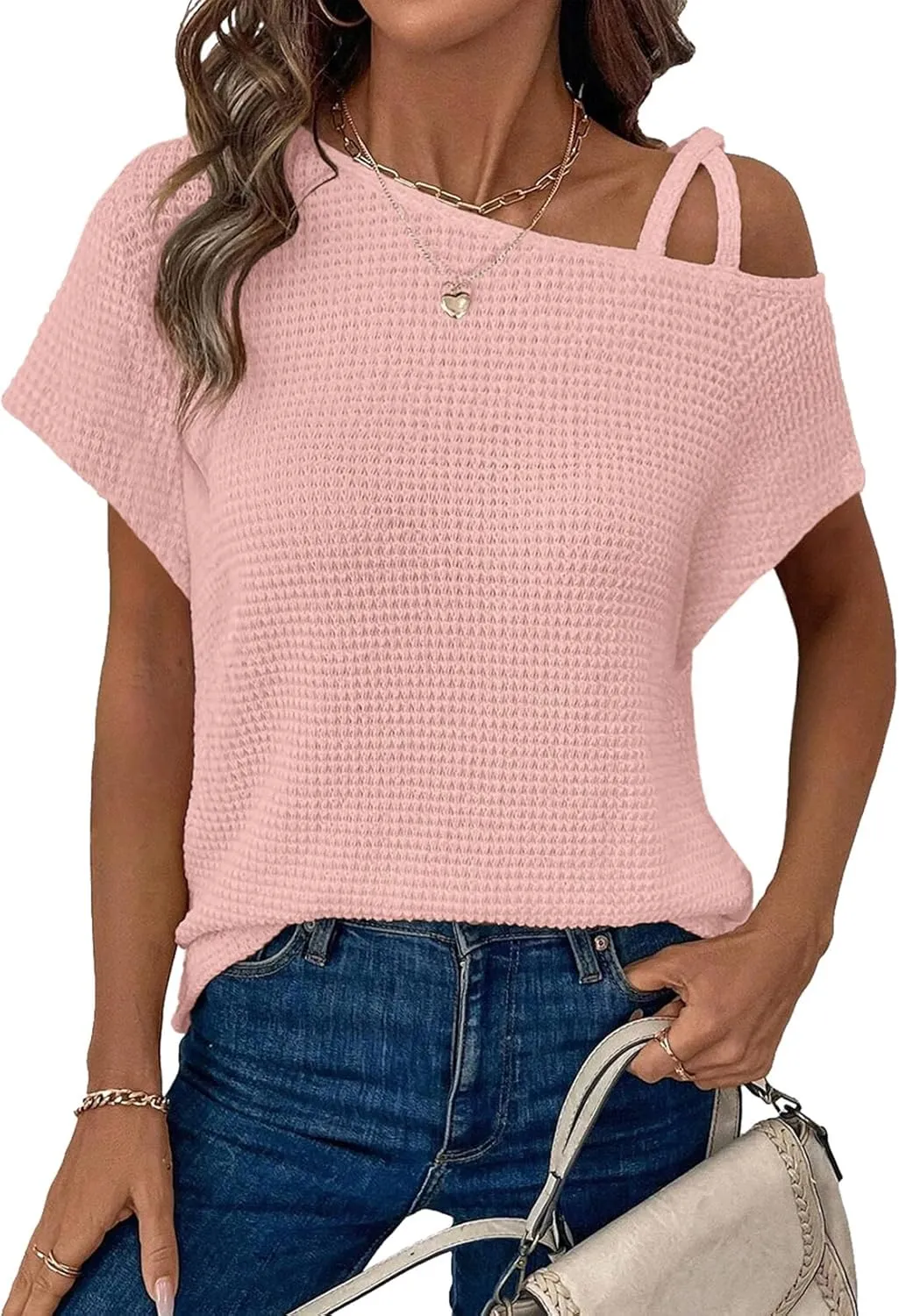 Dokotoo Womens Summer Tops Off One Shoulder Waffle Knit Short Sleeve T-Shirts Casual Lightweight Solid Color Blouses