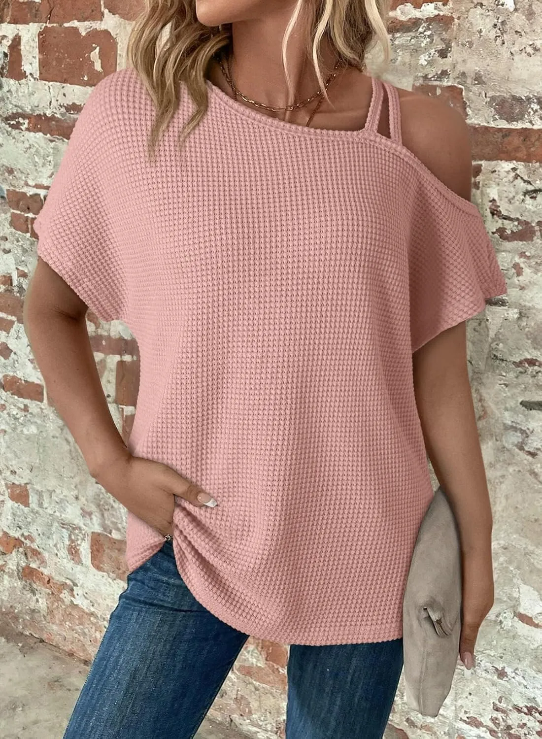 Dokotoo Womens Summer Tops Off One Shoulder Waffle Knit Short Sleeve T-Shirts Casual Lightweight Solid Color Blouses
