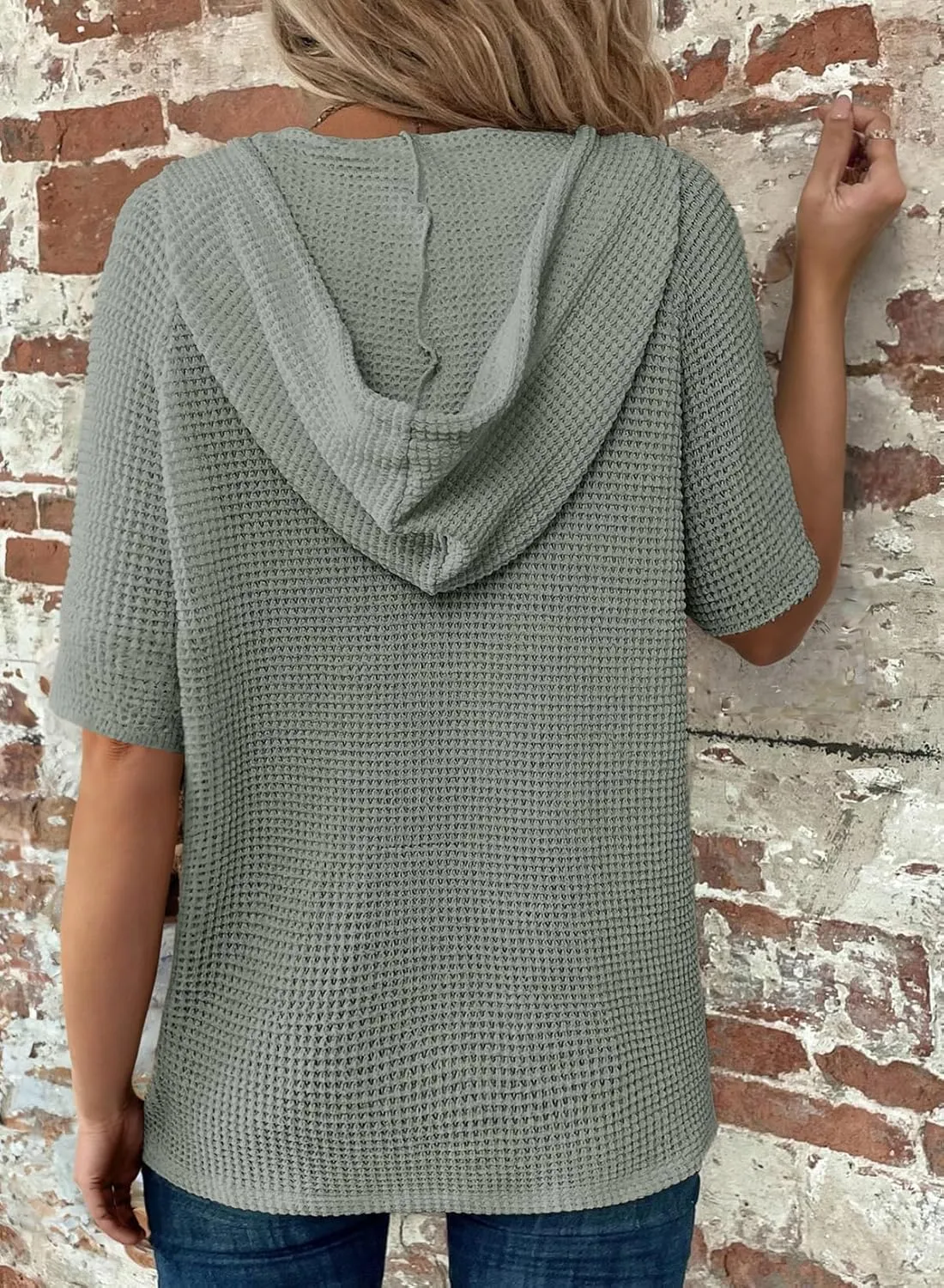 Dokotoo Womens Summer Waffle Knit Short Sleeve Tops Lightweight Drawstring Hoodies Button V Neck Casual Blouses Shirts