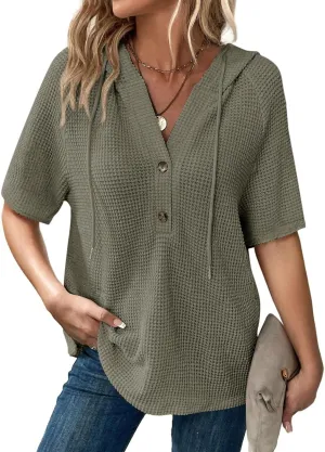 Dokotoo Womens Summer Waffle Knit Short Sleeve Tops Lightweight Drawstring Hoodies Button V Neck Casual Blouses Shirts