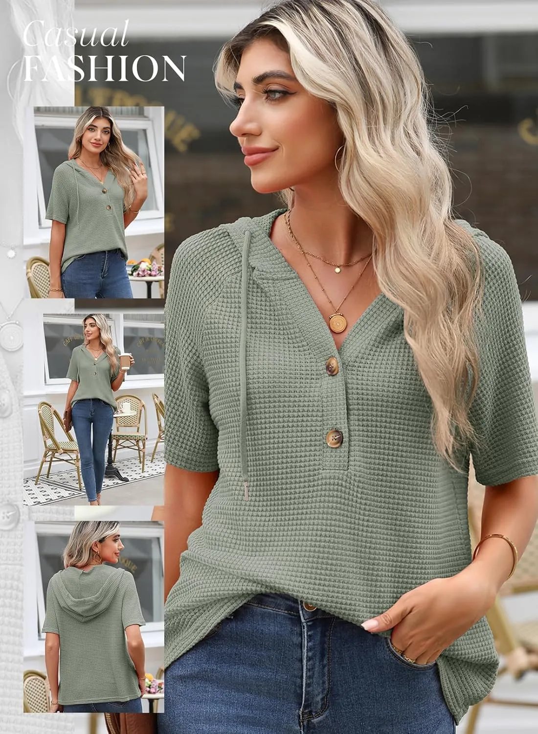 Dokotoo Womens Summer Waffle Knit Short Sleeve Tops Lightweight Drawstring Hoodies Button V Neck Casual Blouses Shirts