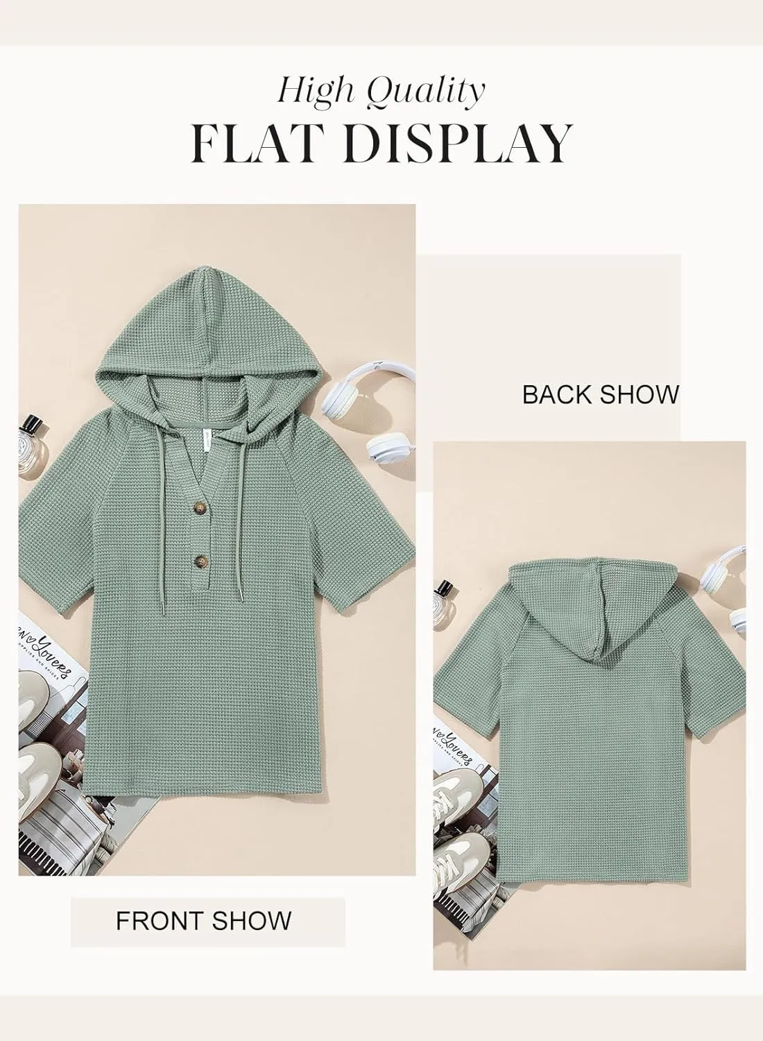 Dokotoo Womens Summer Waffle Knit Short Sleeve Tops Lightweight Drawstring Hoodies Button V Neck Casual Blouses Shirts