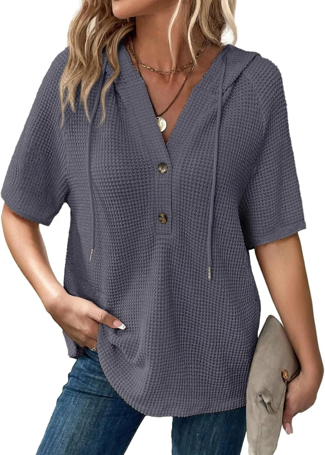 Dokotoo Womens Summer Waffle Knit Short Sleeve Tops Lightweight Drawstring Hoodies Button V Neck Casual Blouses Shirts