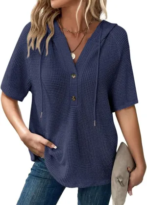 Dokotoo Womens Summer Waffle Knit Short Sleeve Tops Lightweight Drawstring Hoodies Button V Neck Casual Blouses Shirts