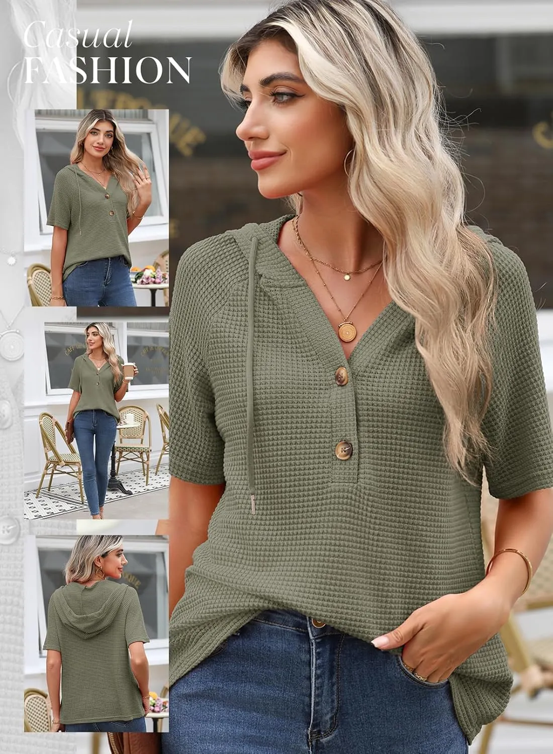 Dokotoo Womens Summer Waffle Knit Short Sleeve Tops Lightweight Drawstring Hoodies Button V Neck Casual Blouses Shirts