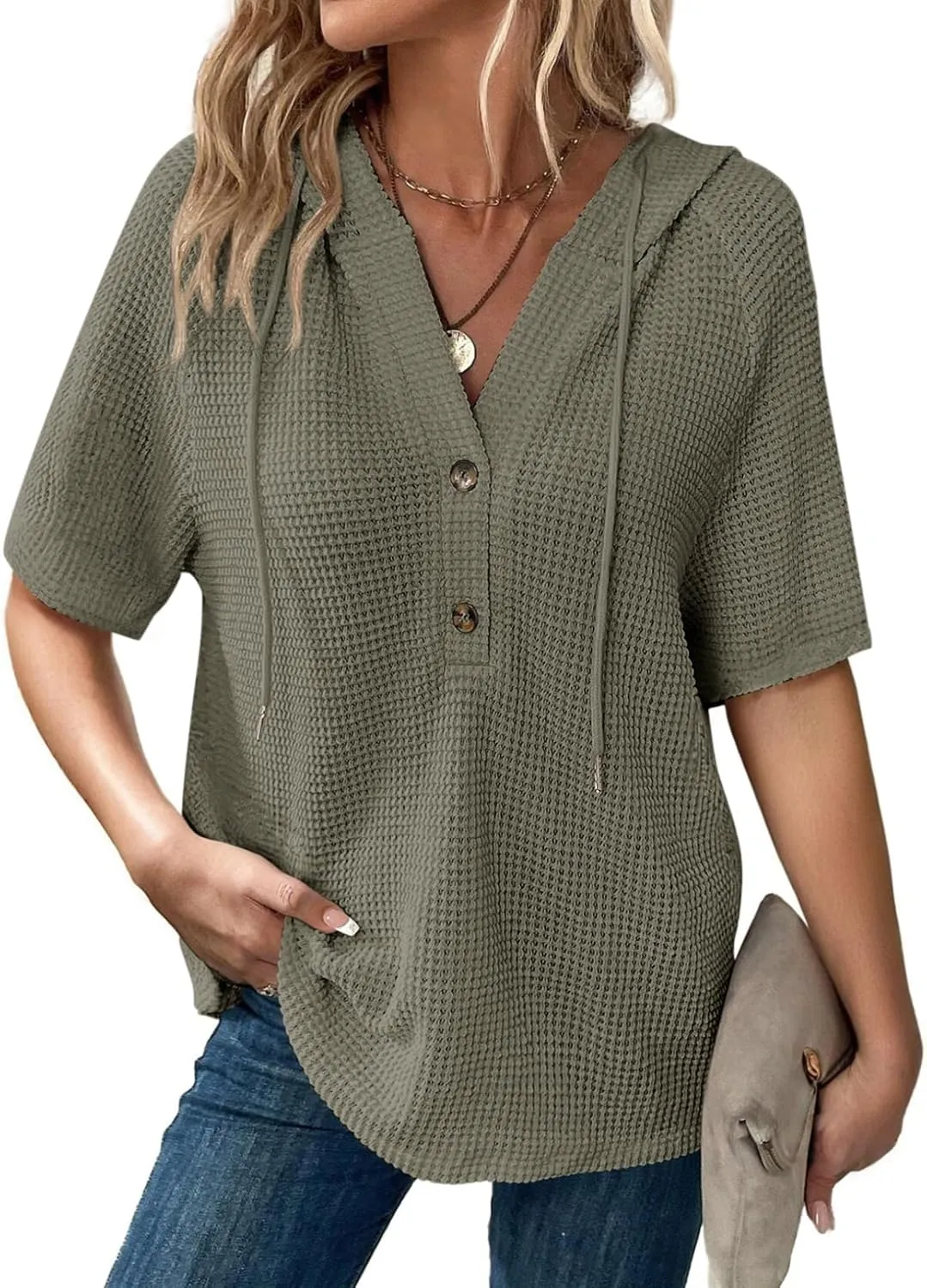 Dokotoo Womens Summer Waffle Knit Short Sleeve Tops Lightweight Drawstring Hoodies Button V Neck Casual Blouses Shirts