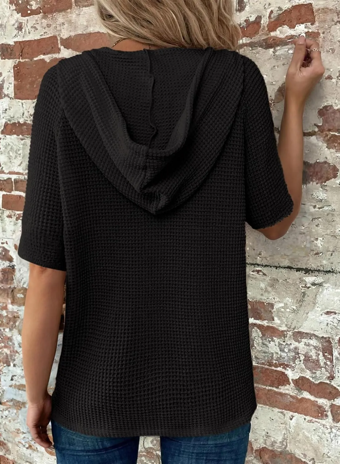 Dokotoo Womens Summer Waffle Knit Short Sleeve Tops Lightweight Drawstring Hoodies Button V Neck Casual Blouses Shirts