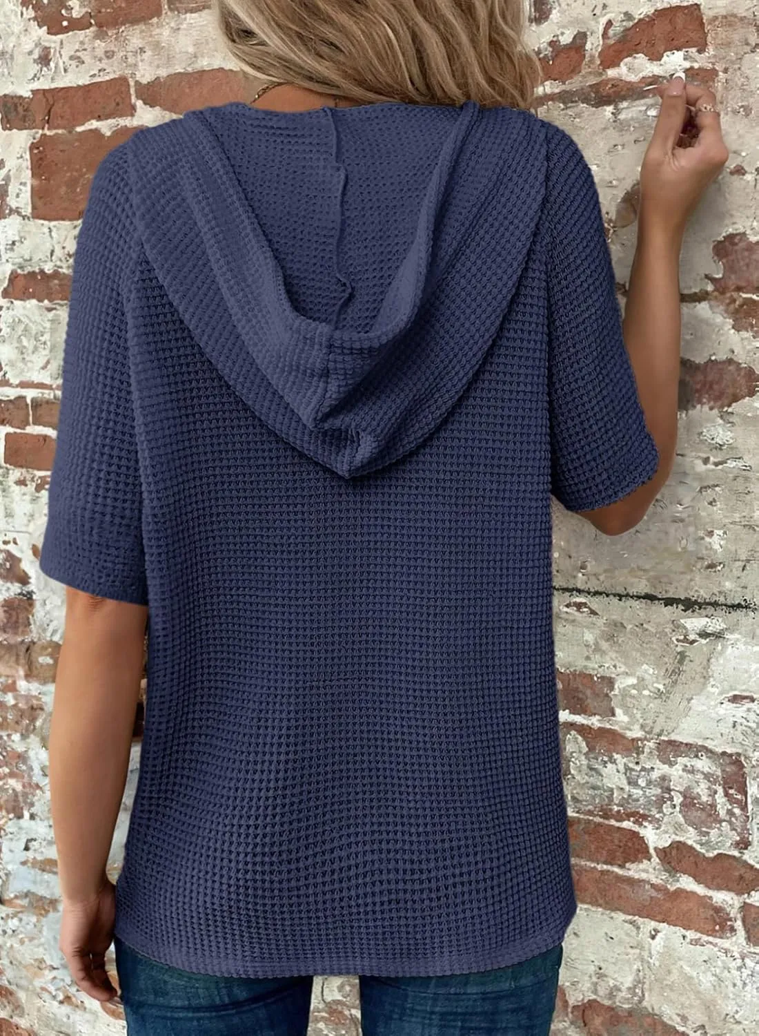 Dokotoo Womens Summer Waffle Knit Short Sleeve Tops Lightweight Drawstring Hoodies Button V Neck Casual Blouses Shirts
