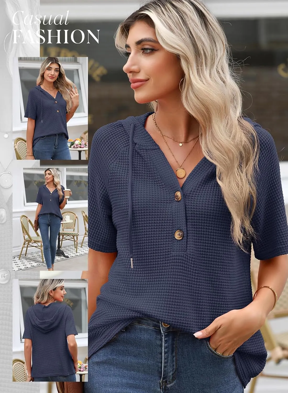 Dokotoo Womens Summer Waffle Knit Short Sleeve Tops Lightweight Drawstring Hoodies Button V Neck Casual Blouses Shirts